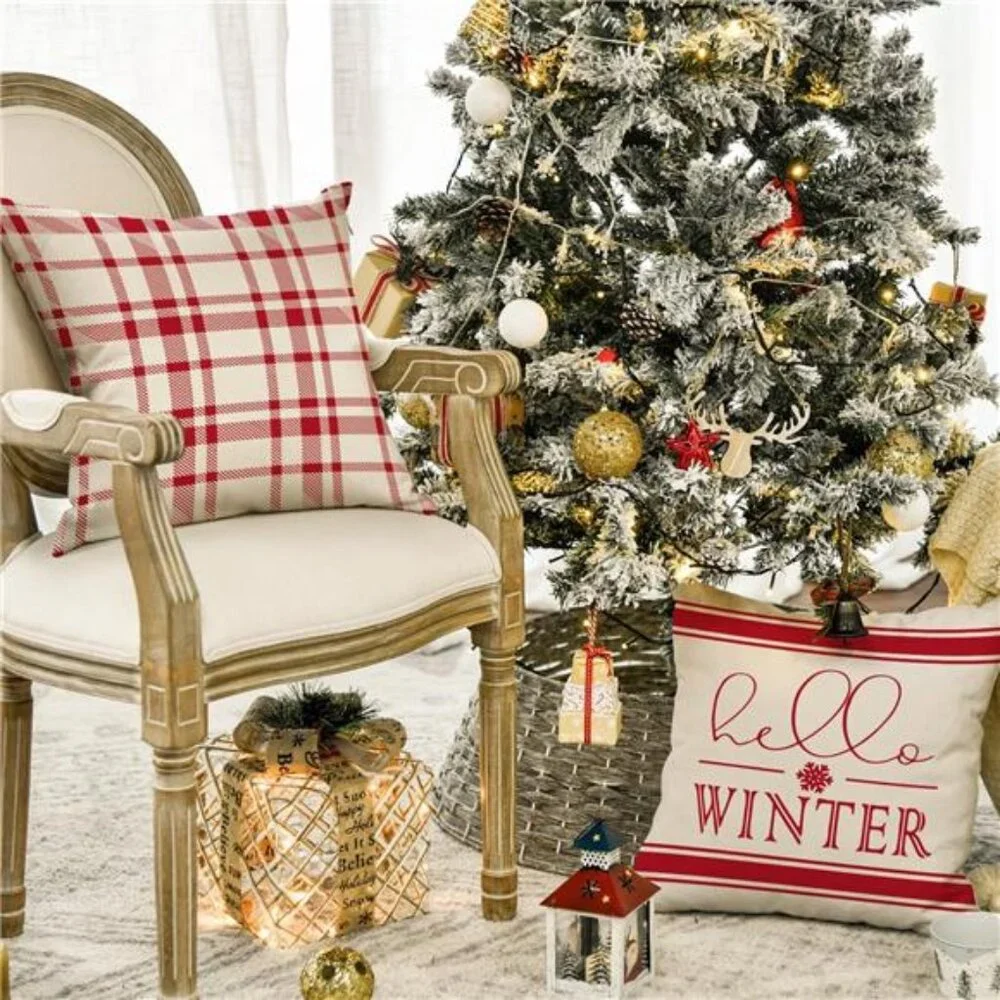Merry Christmas Hello Winter Buffalo Plaid Snowflake Red Throw Pillow Cover